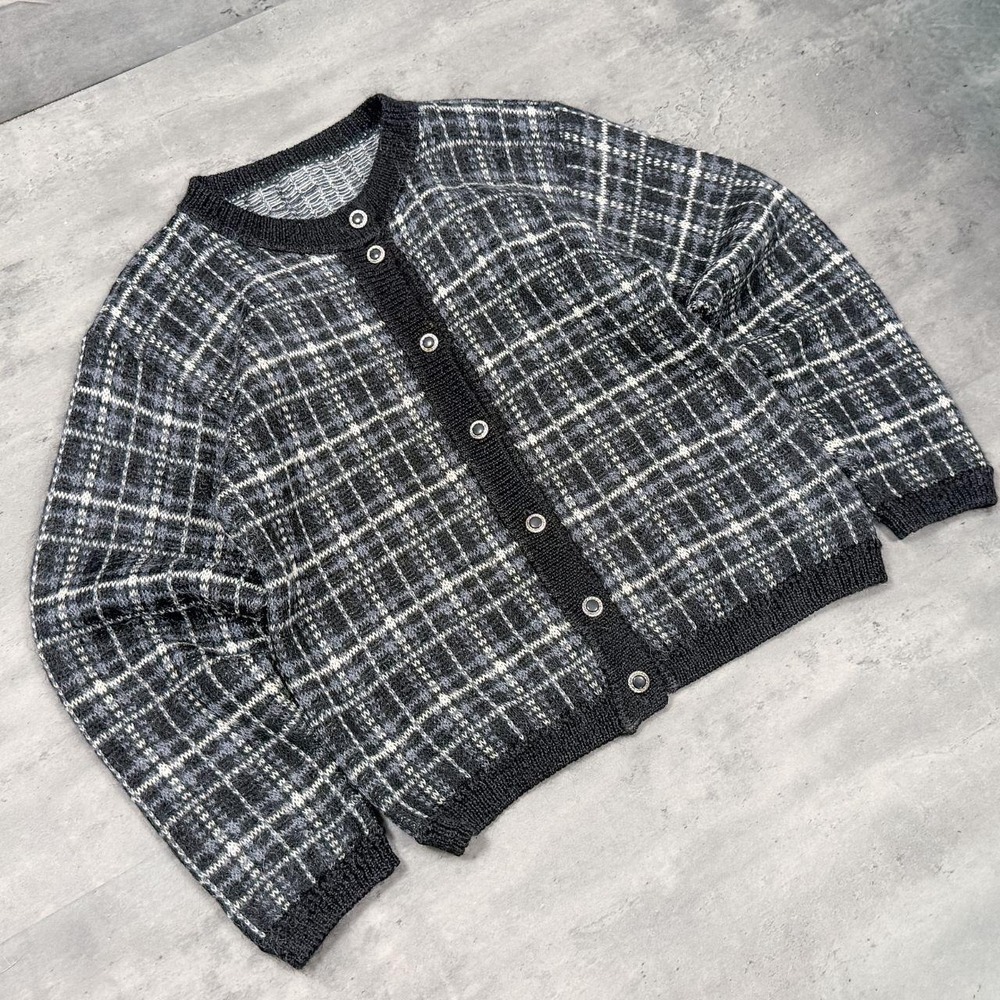 Vintage VTG 1980's 80's Mohair Plaid Stripped Checkered Shaggy Cardigan Sweater